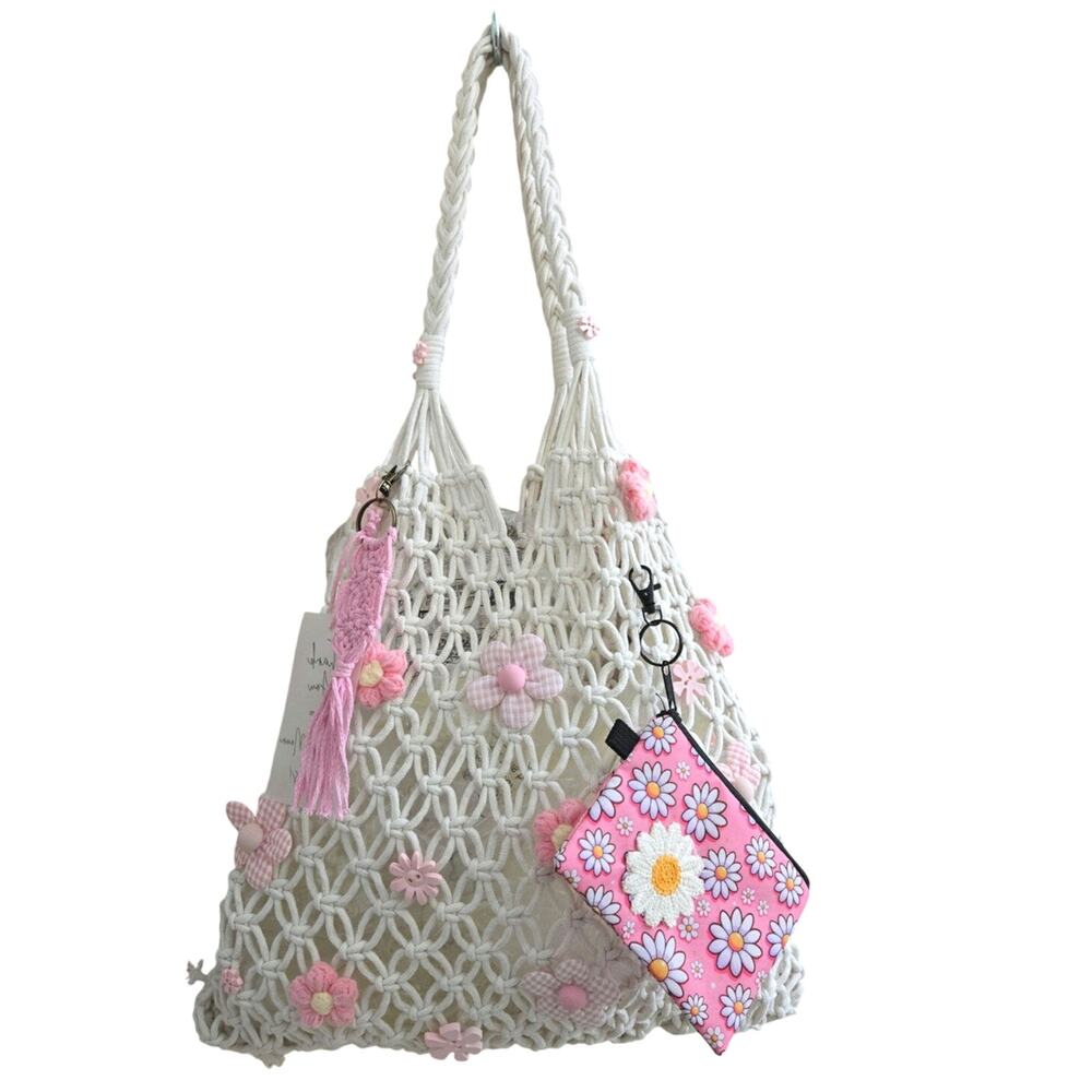 FLR PWR Transformed Macrame Tote Bag Coin purse crochet flowers Large pink white